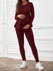 SHEIN Maternity Rib-Knit Long Sleeve Tee & Adjustable Waist Leggings Set - Maroon - View 3