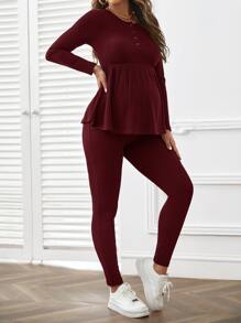 SHEIN Maternity Rib-Knit Long Sleeve Tee & Adjustable Waist Leggings Set - Maroon - View 6