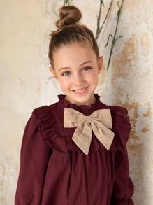 SHEIN LMoss Kids LMoss Young Girl 1pc Bow Front Ruffle Trim Smock Dress - Maroon - View 2
