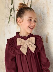 SHEIN LMoss Kids LMoss Young Girl 1pc Bow Front Ruffle Trim Smock Dress - Maroon - View 5