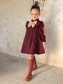 SHEIN LMoss Kids LMoss Young Girl 1pc Bow Front Ruffle Trim Smock Dress - Maroon - View 8