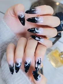 24pcs Long Stiletto Moon Print Fake Nail & 1pc Nail File & 1sheet Tape - Multicolor - View 1