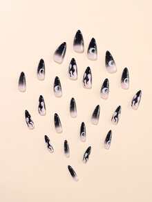 24pcs Long Stiletto Moon Print Fake Nail & 1pc Nail File & 1sheet Tape - Multicolor - View 4