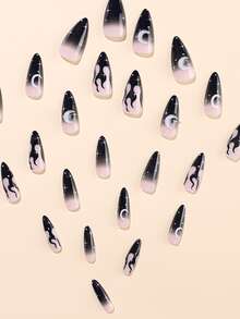 24pcs Long Stiletto Moon Print Fake Nail & 1pc Nail File & 1sheet Tape - Multicolor - View 3