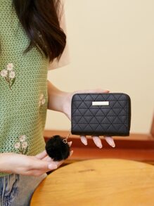 Cartera pequeña con decoración de pompones con detalle de puntada, monedero pequeño a la moda, bonita cartera con cremallera Artificial con decoración de pompones - Negro - Ver 2