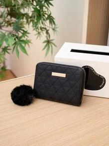 Cartera pequeña con decoración de pompones con detalle de puntada, monedero pequeño a la moda, bonita cartera con cremallera Artificial con decoración de pompones - Negro - Ver 3