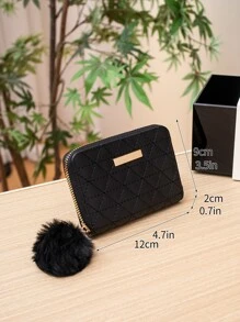 Cartera pequeña con decoración de pompones con detalle de puntada, monedero pequeño a la moda, bonita cartera con cremallera Artificial con decoración de pompones - Negro - Ver 4