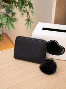 Cartera pequeña con decoración de pompones con detalle de puntada, monedero pequeño a la moda, bonita cartera con cremallera Artificial con decoración de pompones - Negro - Ver 5