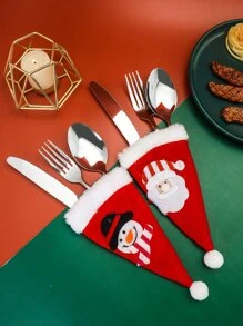 1set Christmas Stainless Steel Tableware With Storage Bag - Silver - View 1