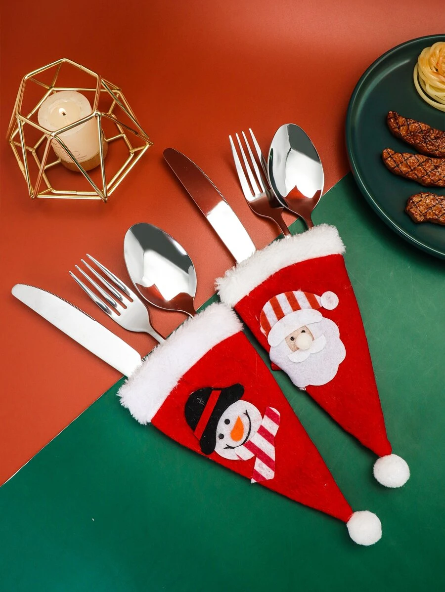 1set Christmas Stainless Steel Tableware With Storage Bag - Silver - View 1