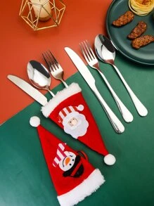 1set Christmas Stainless Steel Tableware With Storage Bag - Silver - View 6