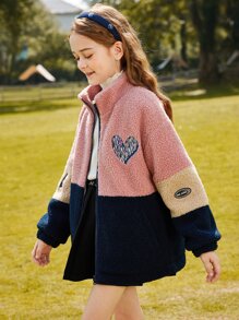 Tween Girl Colorblock Heart Embroidery Drop Shoulder Zipper Teddy Coat - Multicolor - View 1