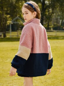 Tween Girl Colorblock Heart Embroidery Drop Shoulder Zipper Teddy Coat - Multicolor - View 2