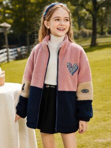 Tween Girl Colorblock Heart Embroidery Drop Shoulder Zipper Teddy Coat - Multicolor - View 3