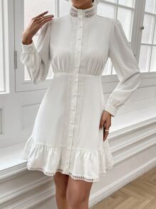 SHEIN 퍼즐 레이스 테두리 프릴 옷단 셔츠 원피스 - 화이트 - 보기 6