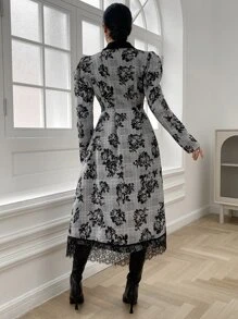 SHEIN Privé 格紋和印花蕾絲拼接羊腿袖外套 - 灰色 - 查看 2