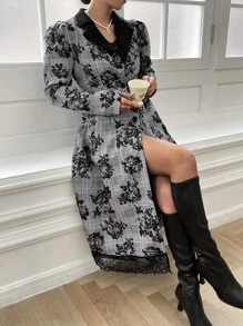 SHEIN Privé 格紋和印花蕾絲拼接羊腿袖外套 - 灰色 - 查看 3