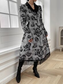 SHEIN Privé 格紋和印花蕾絲拼接羊腿袖外套 - 灰色 - 查看 4