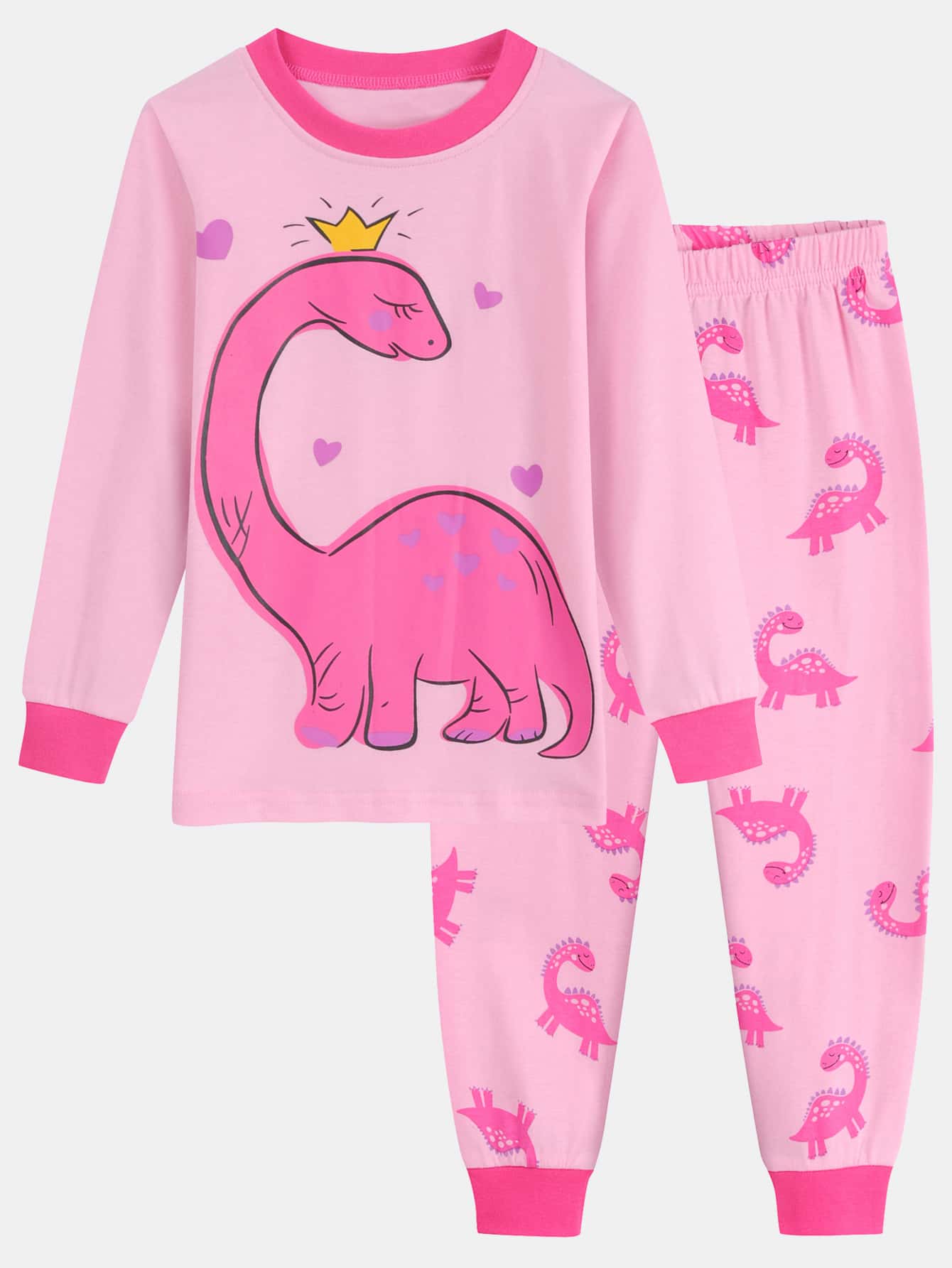 Niñas Conjunto de pijama con estampado de dinosaurio ribete en contraste - Rosa Pálido - Ver 1