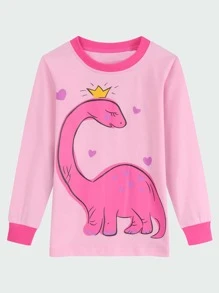 Niñas Conjunto de pijama con estampado de dinosaurio ribete en contraste - Rosa Pálido - Ver 3