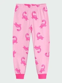 Niñas Conjunto de pijama con estampado de dinosaurio ribete en contraste - Rosa Pálido - Ver 4