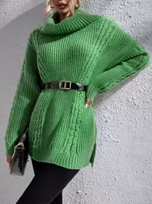 Cowl Neck Cable Knit Split Hem Drop Shoulder Jumper Dress Without Belt - Green - View 1