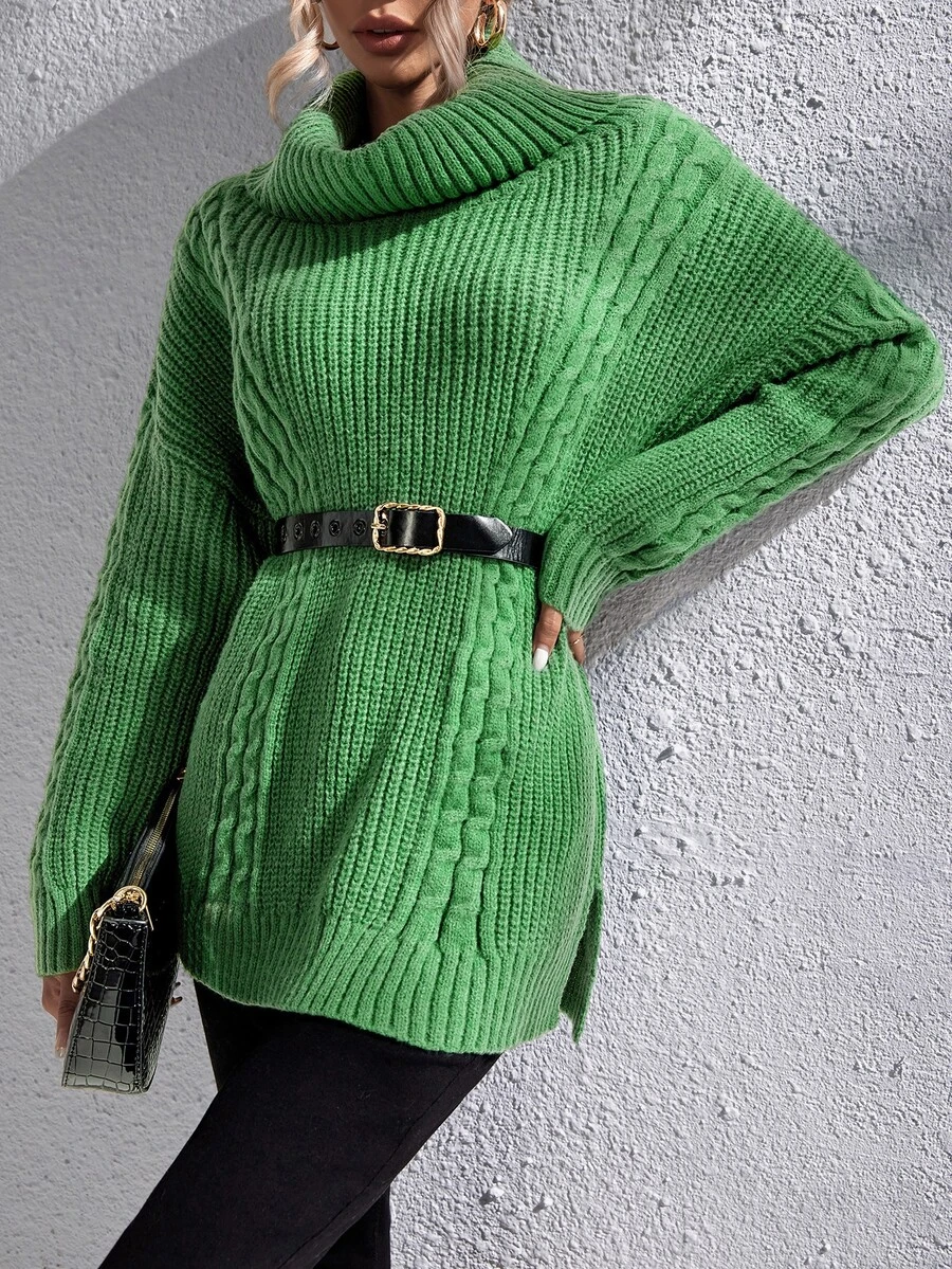 Cowl Neck Cable Knit Split Hem Drop Shoulder Jumper Dress Without Belt - Green - View 1