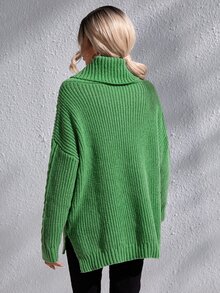 Cowl Neck Cable Knit Split Hem Drop Shoulder Jumper Dress Without Belt - Green - View 2