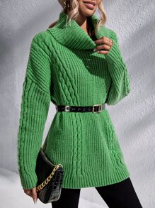 Cowl Neck Cable Knit Split Hem Drop Shoulder Jumper Dress Without Belt - Green - View 3