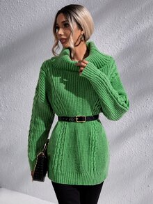 Cowl Neck Cable Knit Split Hem Drop Shoulder Jumper Dress Without Belt - Green - View 5
