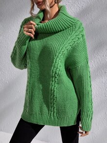 Cowl Neck Cable Knit Split Hem Drop Shoulder Jumper Dress Without Belt - Green - View 4