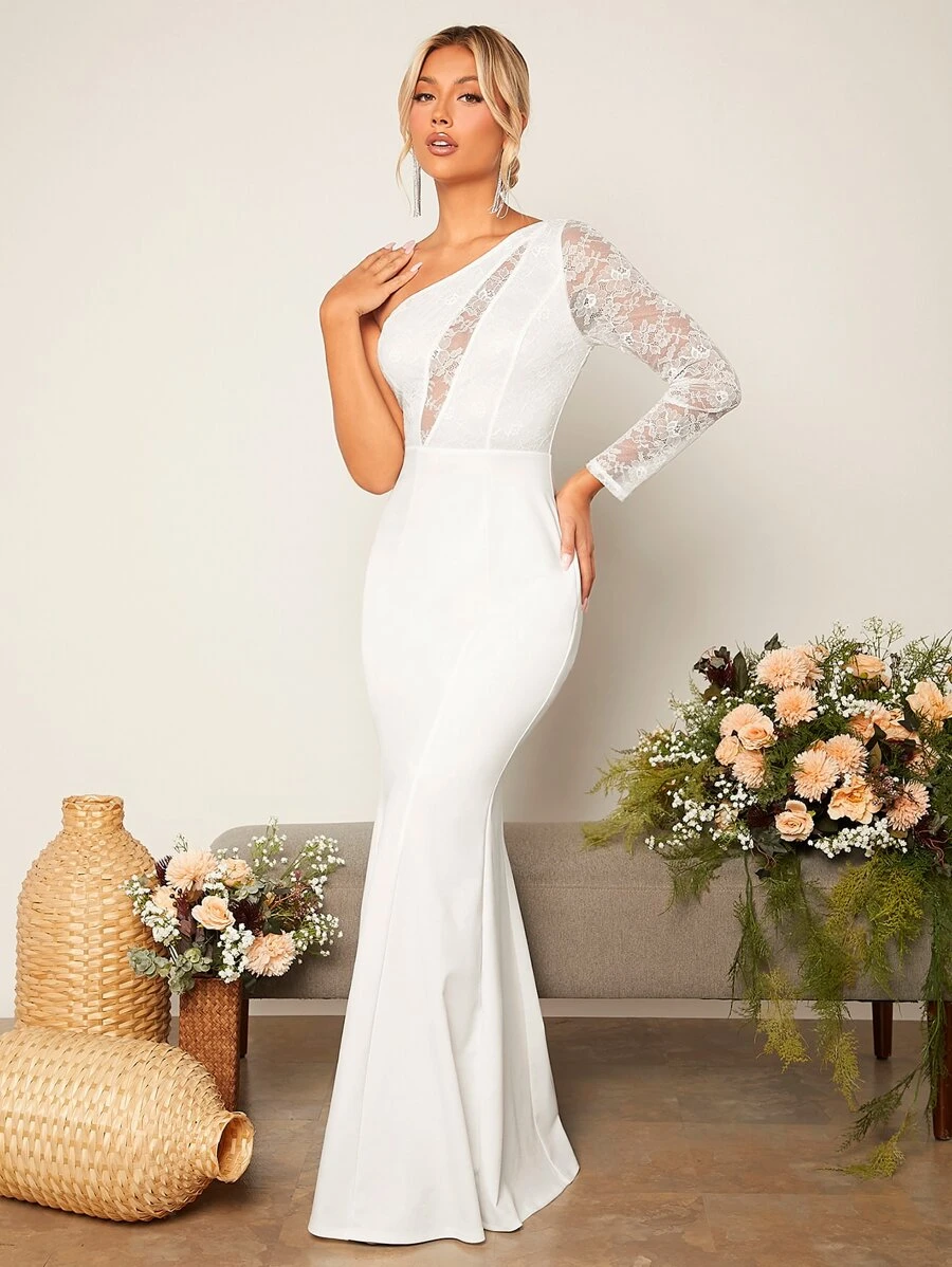 SHEIN Belle One Shoulder Lace Panel Mermaid Hem Wedding Dress | SHEIN