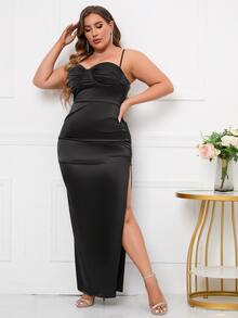 PARTHEA Vestido fruncido de muslo con abertura de satén - Negro - Ver 7