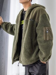 DAZY Men Patch Detail Drop Shoulder Hooded Teddy Coat - Army Green - View 8
