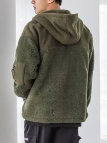 DAZY Men Patch Detail Drop Shoulder Hooded Teddy Coat - Army Green - View 2