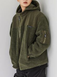 DAZY Men Patch Detail Drop Shoulder Hooded Teddy Coat - Army Green - View 3
