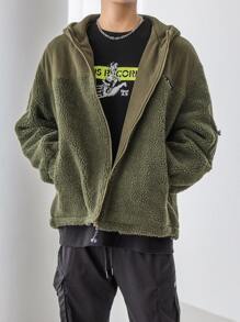 DAZY Men Patch Detail Drop Shoulder Hooded Teddy Coat - Army Green - View 4