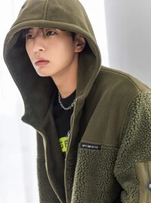 DAZY Men Patch Detail Drop Shoulder Hooded Teddy Coat - Army Green - View 5