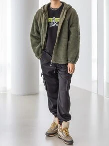 DAZY Men Patch Detail Drop Shoulder Hooded Teddy Coat - Army Green - View 6