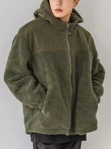 DAZY Men Patch Detail Drop Shoulder Hooded Teddy Coat - Army Green - View 7