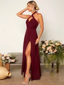 SHEIN Belle 交叉後背繫帶圍裹下擺吊脖伴娘連衣裙 - 紫紅色 - 查看 4