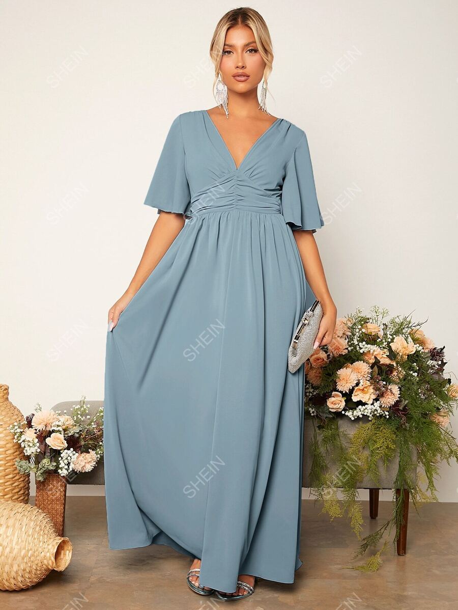 SHEIN Belle Ruched Butterfly Sleeve Maxi Bridesmaid Dress | SHEIN UK