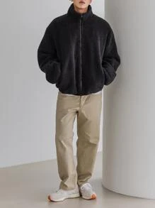 DAZY Men Drop Shoulder Zipper Teddy Jacket - Black - View 3