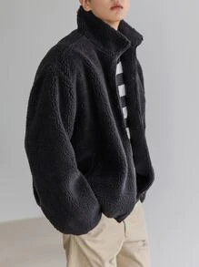 DAZY Men Drop Shoulder Zipper Teddy Jacket - Black - View 5