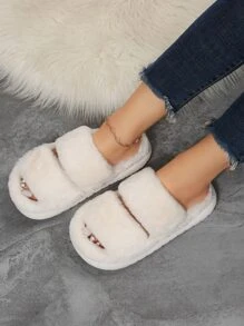 Double Strap Fluffy Bedroom Slippers,Women's comfortable, versatile, and thick-soled white double strap home and out fuzzy slides gift slippers for autumn and winter - Beige - View 4