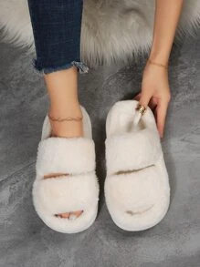 Double Strap Fluffy Bedroom Slippers,Women's comfortable, versatile, and thick-soled white double strap home and out fuzzy slides gift slippers for autumn and winter - Beige - View 5