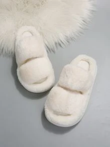 Double Strap Fluffy Bedroom Slippers,Women's comfortable, versatile, and thick-soled white double strap home and out fuzzy slides gift slippers for autumn and winter - Beige - View 3