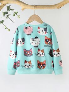 小女童卡通貓和字母圖案運動衫 - 薄荷綠 - 查看 2