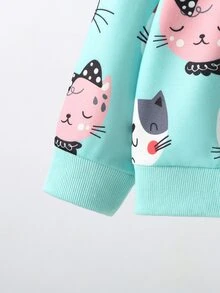 小女童卡通貓和字母圖案運動衫 - 薄荷綠 - 查看 3