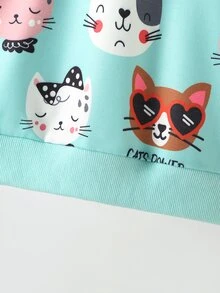 小女童卡通貓和字母圖案運動衫 - 薄荷綠 - 查看 5